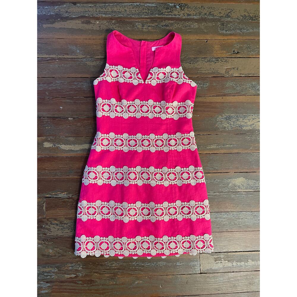 Lilly Pulitzer Pink Sleeveless Shift Dress Lace Trim Cotton Women’s Size 4